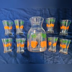 Vintage Mid-Century Anchor Hocking Orange 8 Juice Glasses and Carafe